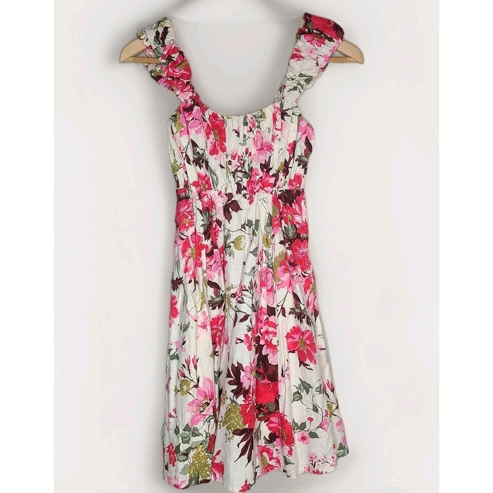 Abercrombie & Fitch Puff Strap Babydoll Floral Mini Dress Linen Cotton Blend XS